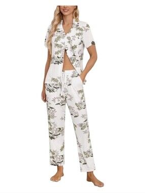 #6147   White Floral Lounge Set - Button Short Sleeve Top & Drawstring Pants